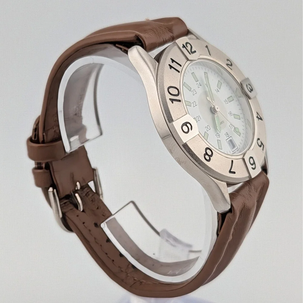 Avon Y2K Number Bezel Watch Green Markers‎ Brown Leather Strap